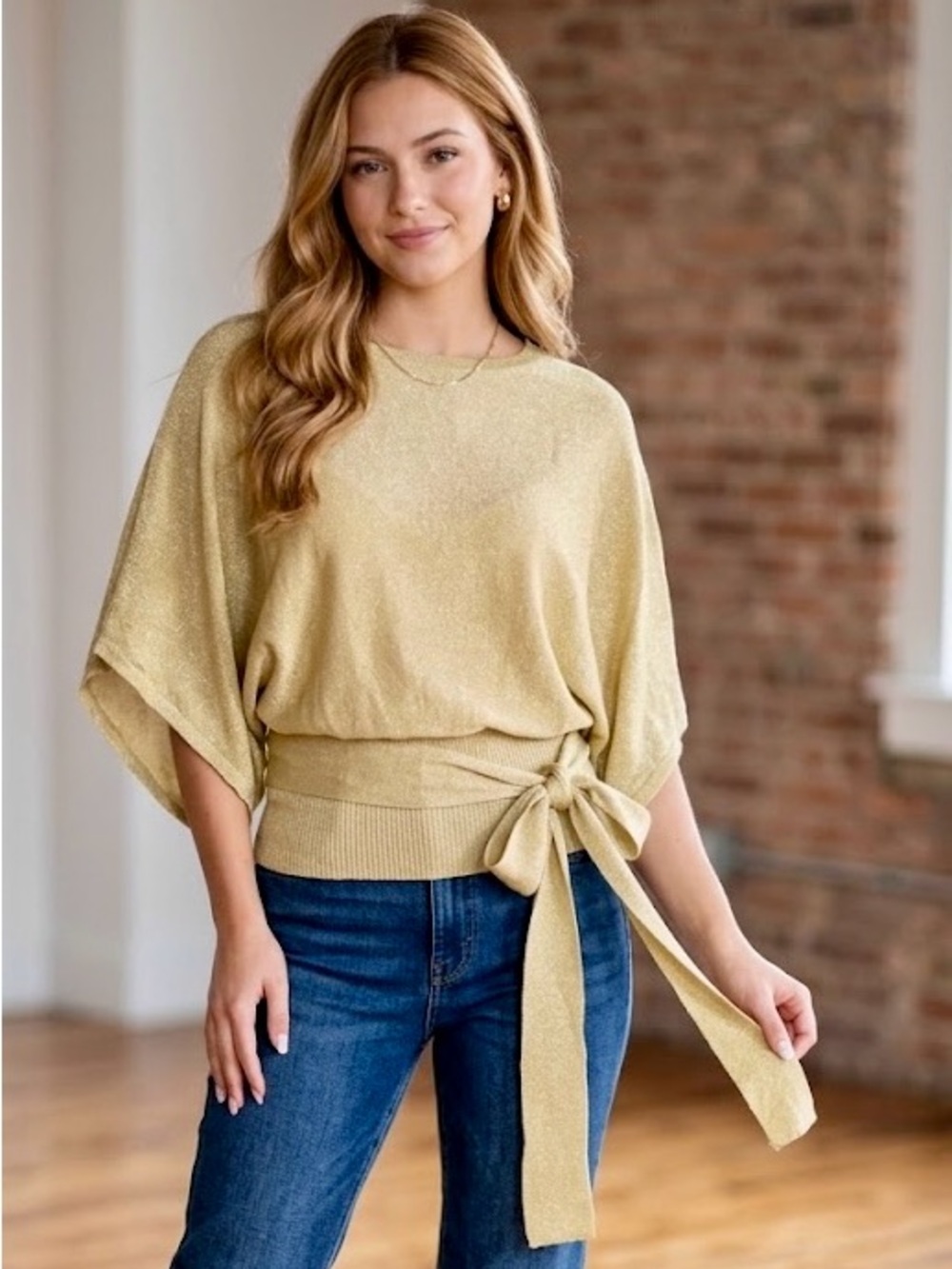 Vintage Sweater Project Gold Metallic Fine Knit Dolman Top Tie Waist XL